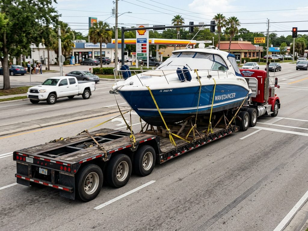 Cabin cruiser strapped down on a lowboy trailer, hauled by a semi truck