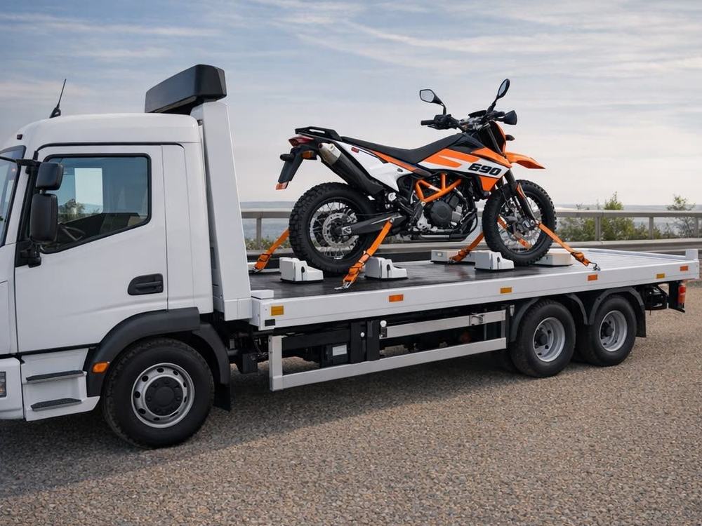 Motorcycle secured on a flatbed