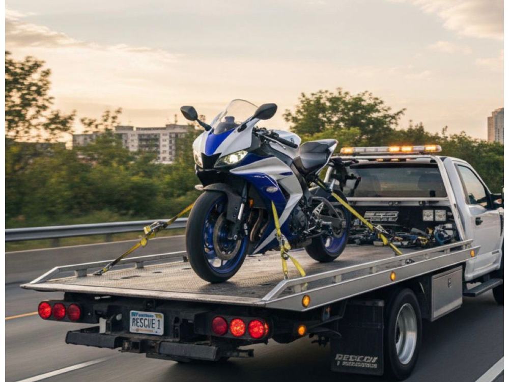 Sport bike strapped down and on the road
