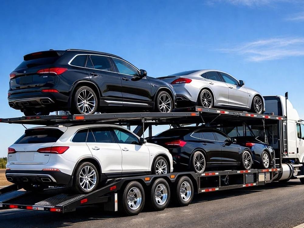 Brand-new Mercedes SUVs on an open carrier